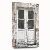 Rustic Italian door design on acrylic glass, muted earth tones, ideal for dining room art.
