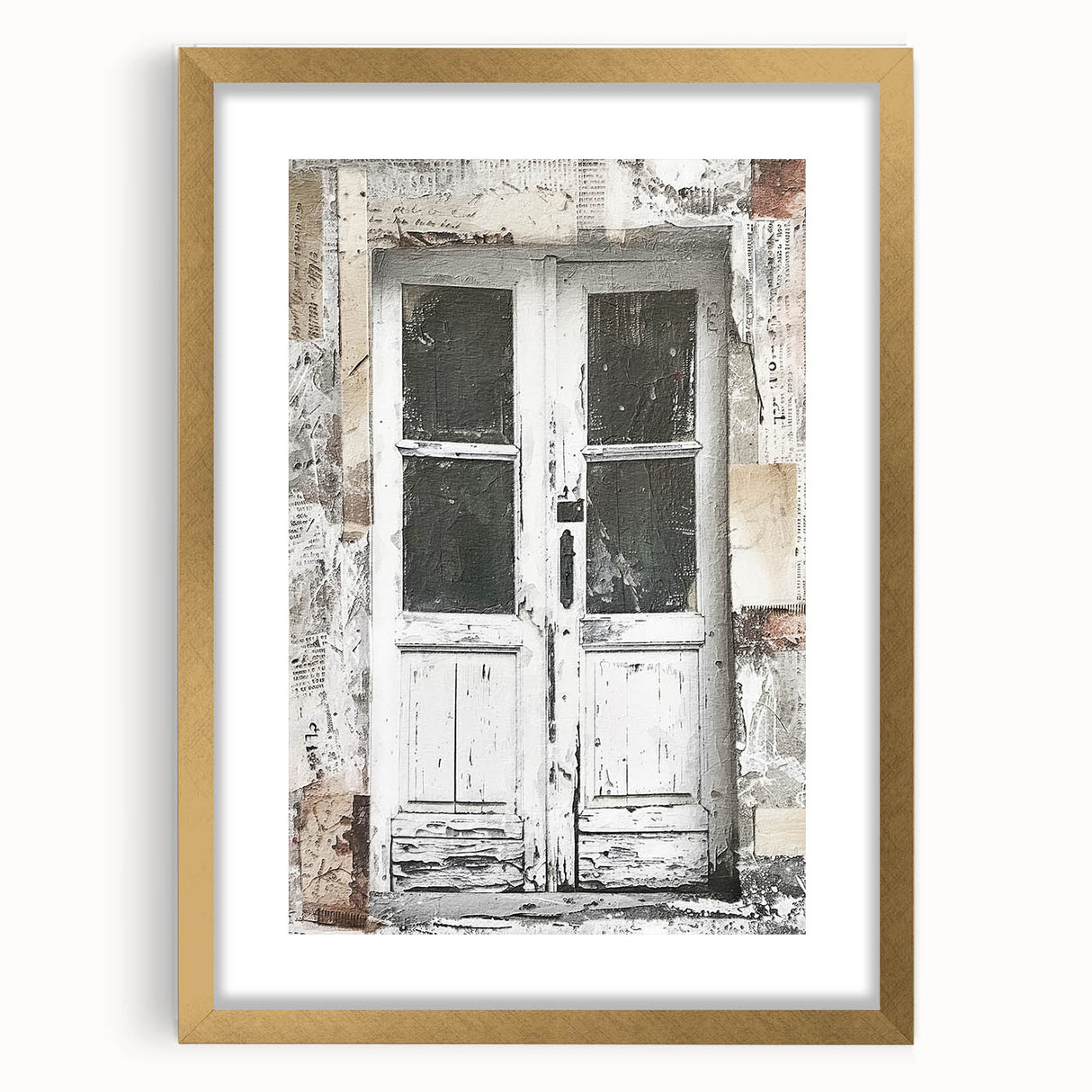 Extra large wall art featuring a rustic Italian door in textured abstract style, framed with a gold mat.