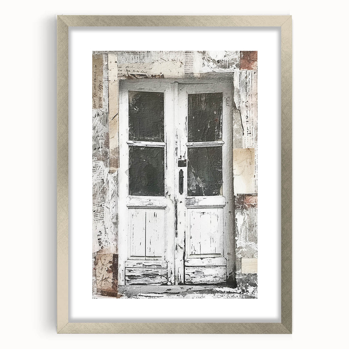 Textured art depicting a rustic Italian door, in muted earth tones on a silver-framed mat, suitable for bedroom decor.