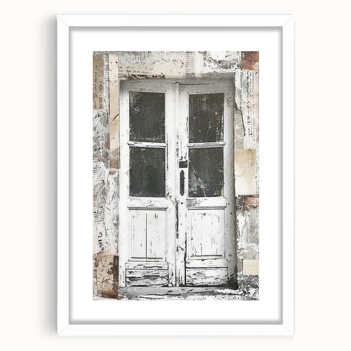 Abstract art print of a rustic Italian door in muted earth tones on a framed canvas, ideal for dining room decor.
