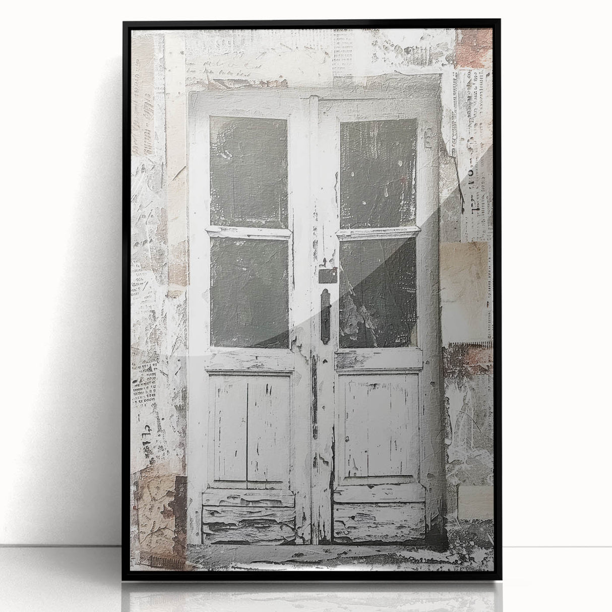 Large abstract wall art print depicting a rustic Italian door, in muted earth tones, framed in black acrylic.