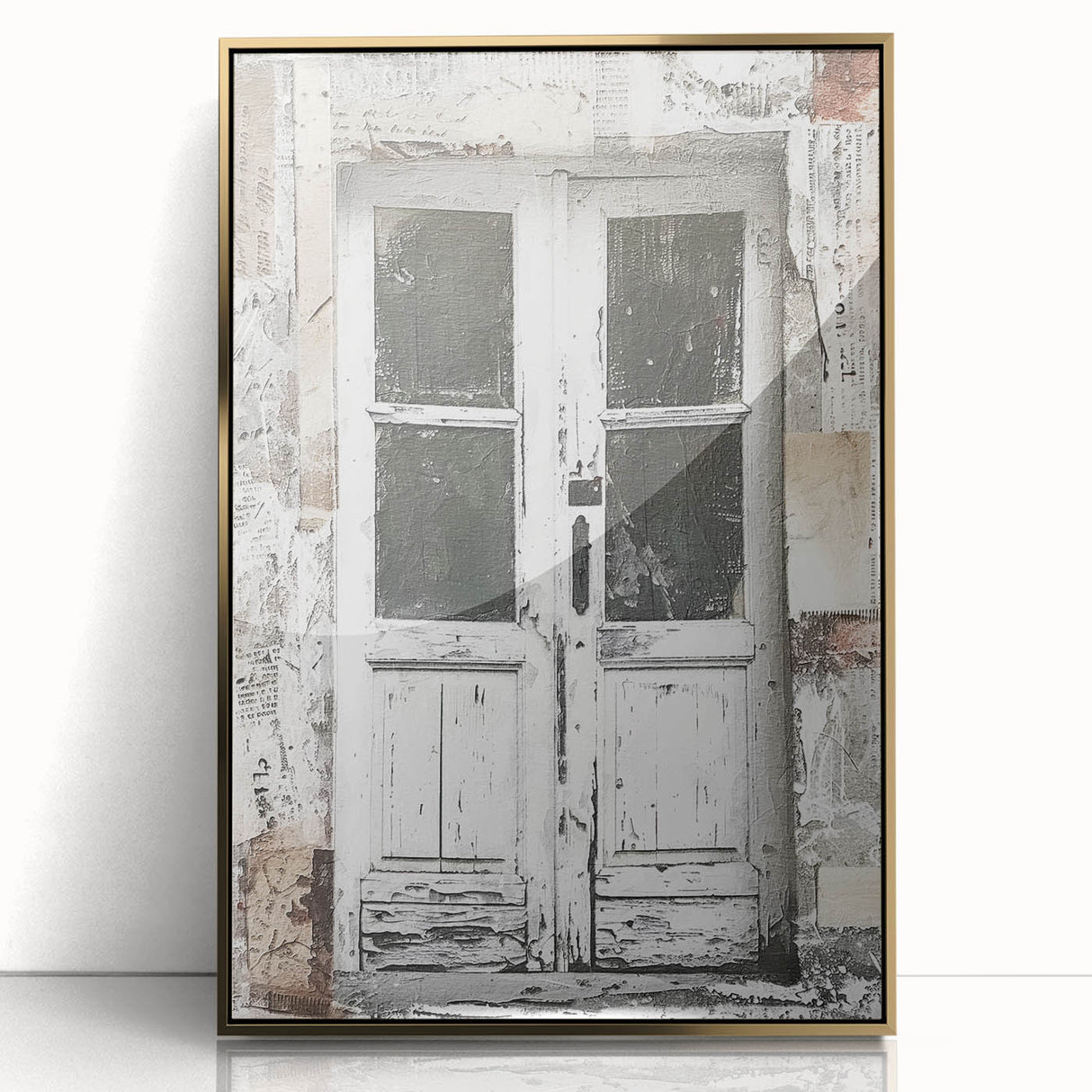 Acrylic print of a rustic Italian door in gold tones, framed, ideal for modern art wall decor.