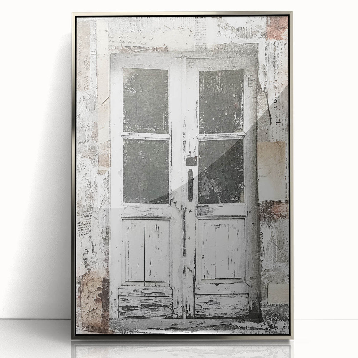 Mid-century modernist acrylic print of a rustic Italian door in earth tones, ideal for modern art wall decor.