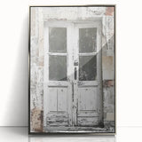 Mid-century modernist acrylic print of a rustic Italian door in earth tones, ideal for modern art wall decor.