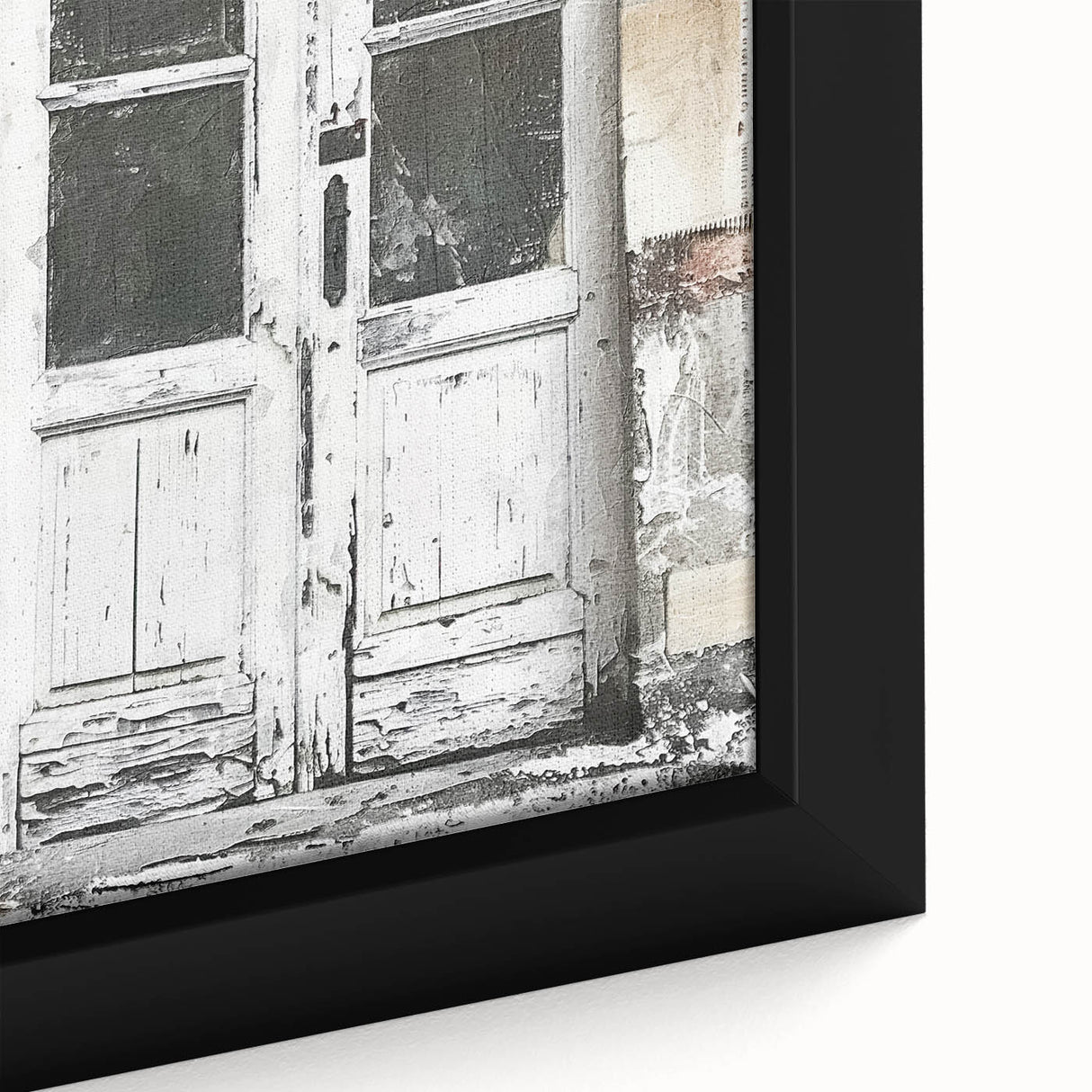 Close-up of a rustic Italian door depicted in textured black wall art on a framed canvas, ideal for living room decor.