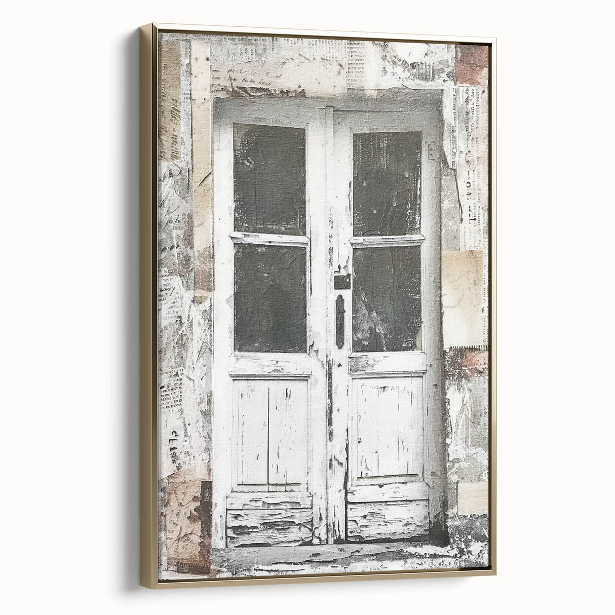 Rustic Italian door design on framed canvas in gold and black tones, ideal for bedroom wall decor.