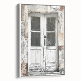 Vintage poster art of a rustic Italian door on a framed canvas, featuring earth tones, ideal for living room decor.