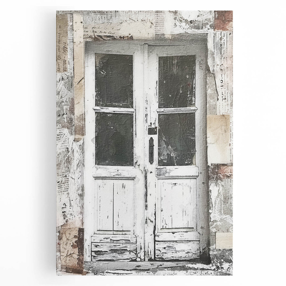 Black and white photo of a rustic Italian door on stretched canvas, ideal for kitchen wall art.