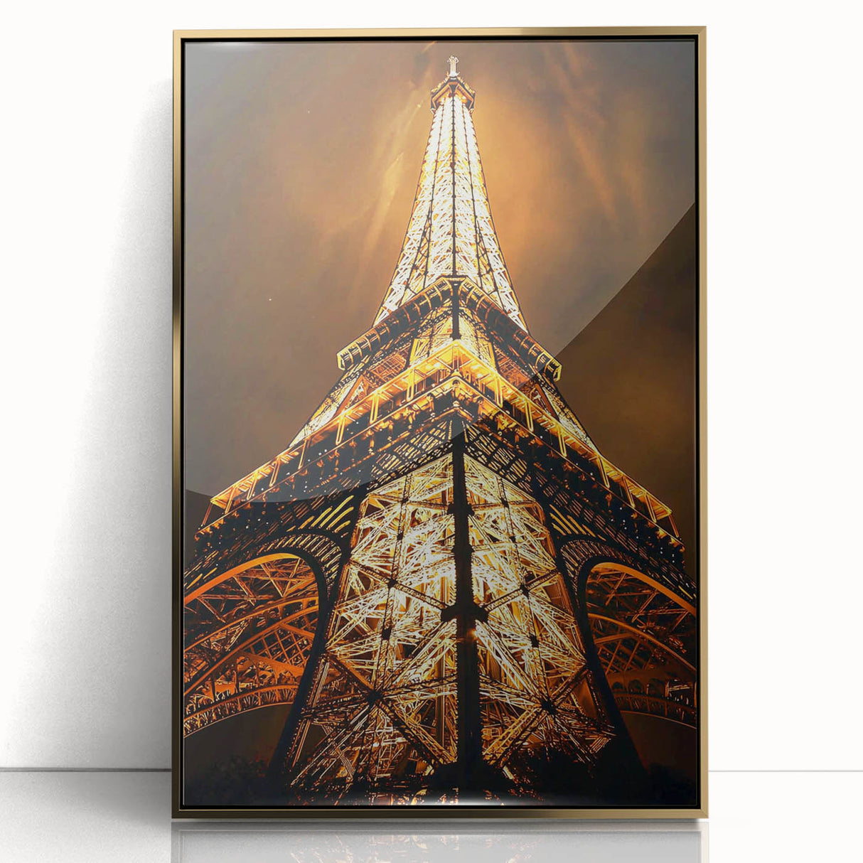 Mid-century modernist architecture print in gold and white tones on framed acrylic, suitable for nursery wall art.
