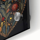 Close-up of vibrant floral wall art featuring intricate leaves and colorful flowers printed on acrylic glass, perfect for modern home decor and artistic spaces.