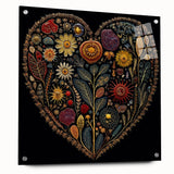 Acrylic glass wall art showcasing vibrant flowers and botanical leaves, elegantly pinned on a wall. The design combines colorful elements with a modern aesthetic, perfect for home decor enthusiasts.