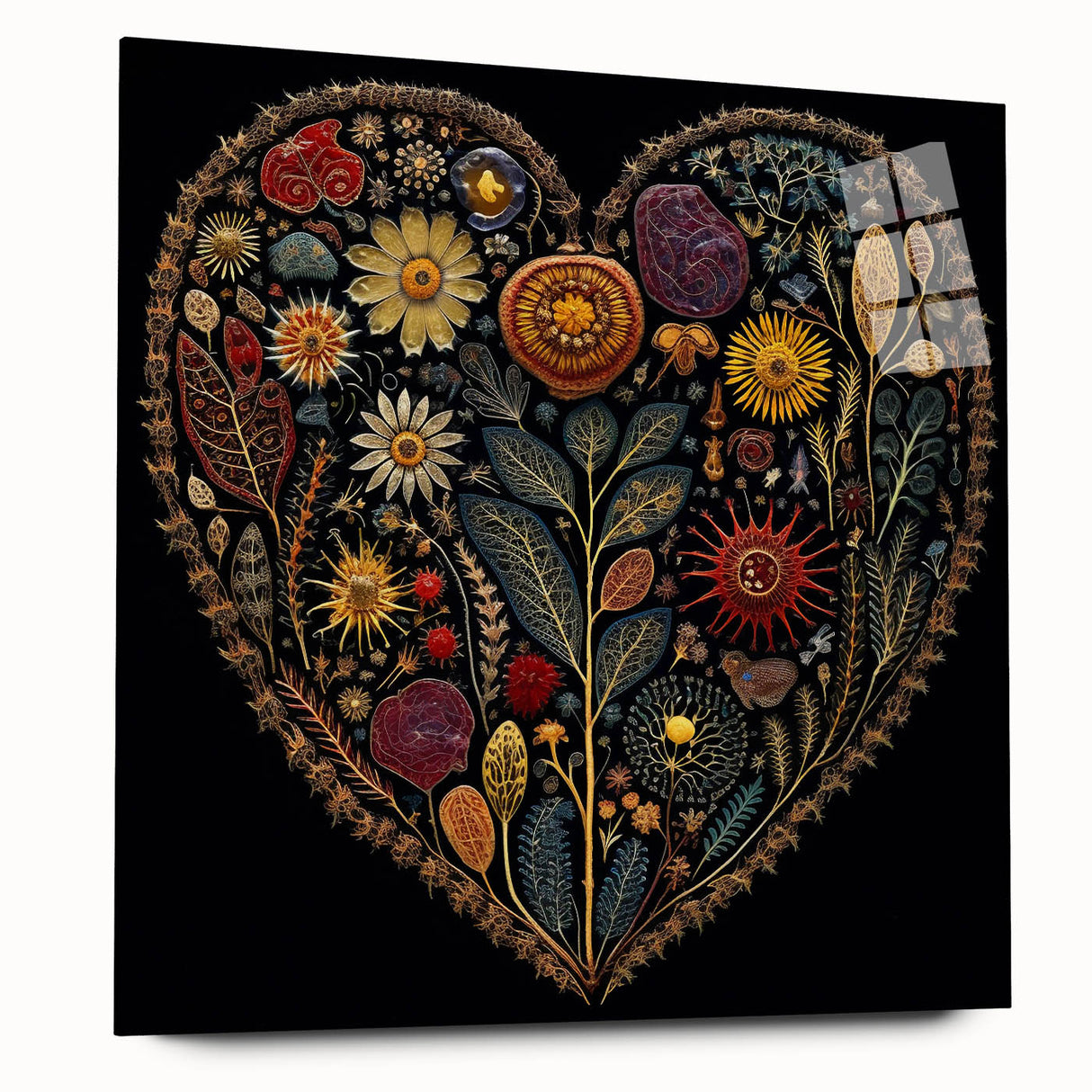 Acrylic wall art showcasing a vibrant design of flowers and botanical leaves, viewed from the side, highlighting its glossy finish and modern aesthetic. Perfect for home decor.