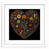 Framed botanical wall art featuring vibrant flowers and leaves, set against a white mat, ideal for home decor. Perfect for adding a touch of nature to any room.