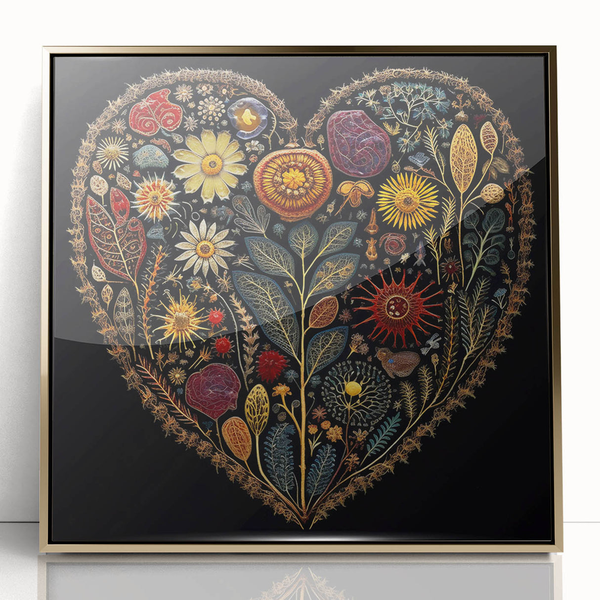 Framed acrylic wall art featuring an elegant design of colorful flowers and botanical leaves, set in a gold frame that enhances its modern aesthetic.
