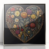 Framed wall art featuring a vibrant floral and botanical design with silver accents, set against a modern backdrop, perfect for home decor enhancement.