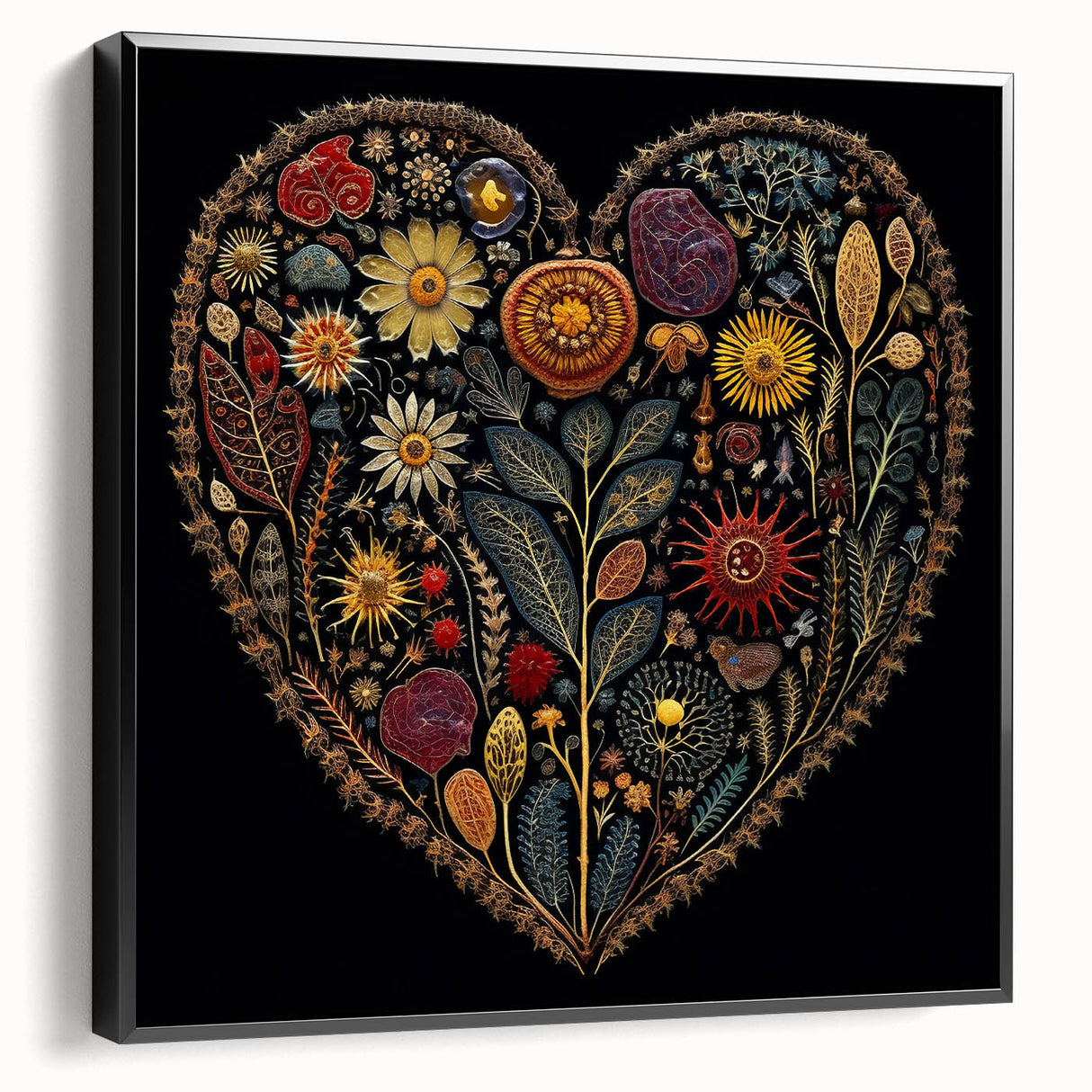Framed canvas wall art showcasing a vibrant floral and botanical design with black accents, ideal for home decor. Side view highlights the frame's sleek profile.