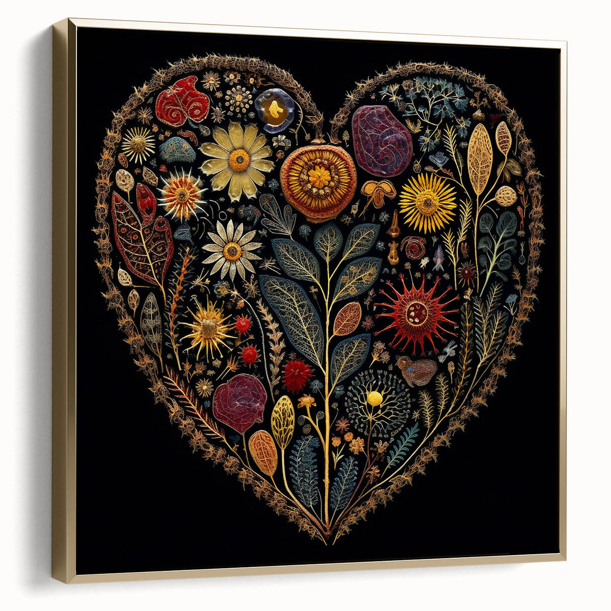 Framed wall art depicting a vibrant design of flowers and botanical leaves in silver and gold tones, ideal for modern home decor, adding elegance and nature-inspired beauty.