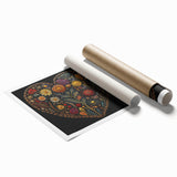 Botanical wall art rolled print showcasing vibrant flowers and green leaves, elegantly designed to enhance home decor, packaged securely in a protective tube.