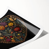 Colorful floral wall art print featuring vibrant leaves and flowers on a textured background, rolled and ready for display, perfect for home decor enhancement.