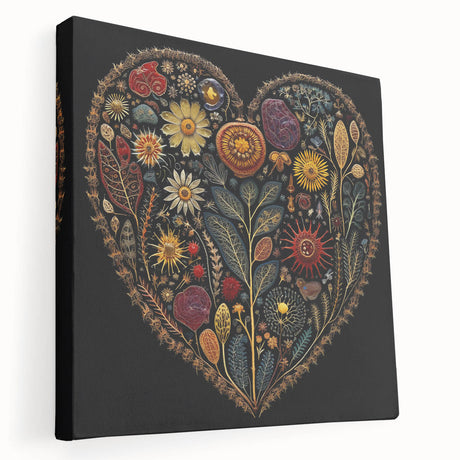 Stretched canvas wall art showcasing a vibrant floral and botanical design with intricate details, featuring lush green leaves and colorful flowers, perfect for home decor.