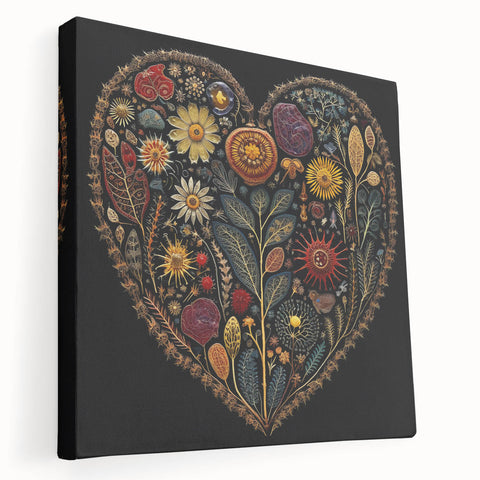 Stretched canvas wall art showcasing a vibrant floral and botanical design with intricate details, featuring lush green leaves and colorful flowers, perfect for home decor.