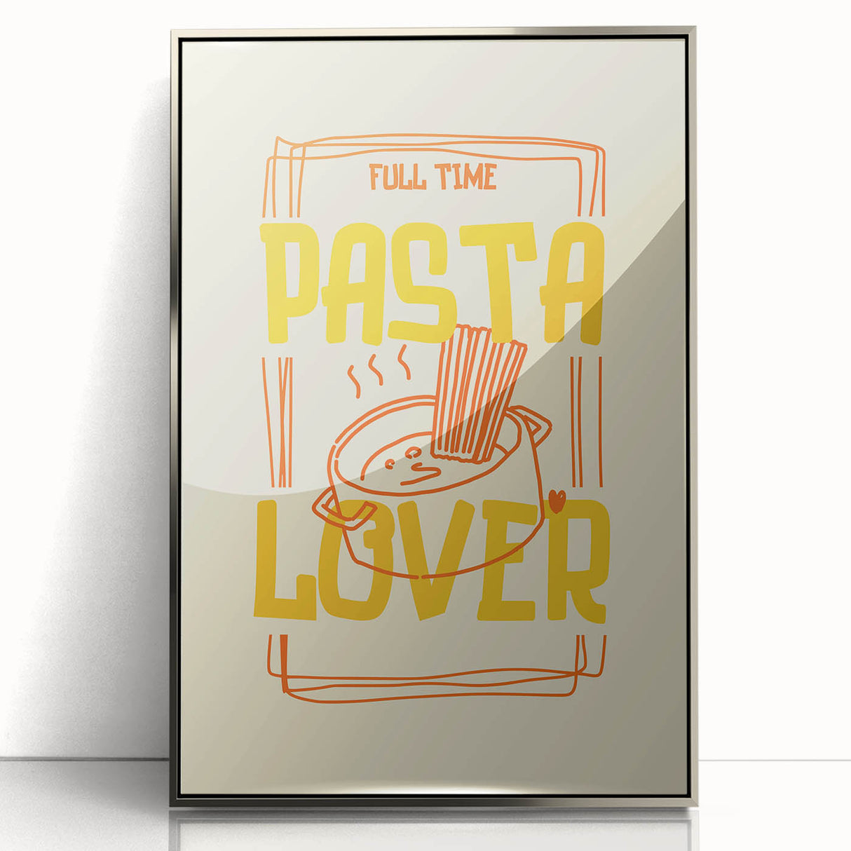 Mid-century modernist art featuring a variety of colorful food dishes on a silver framed acrylic.