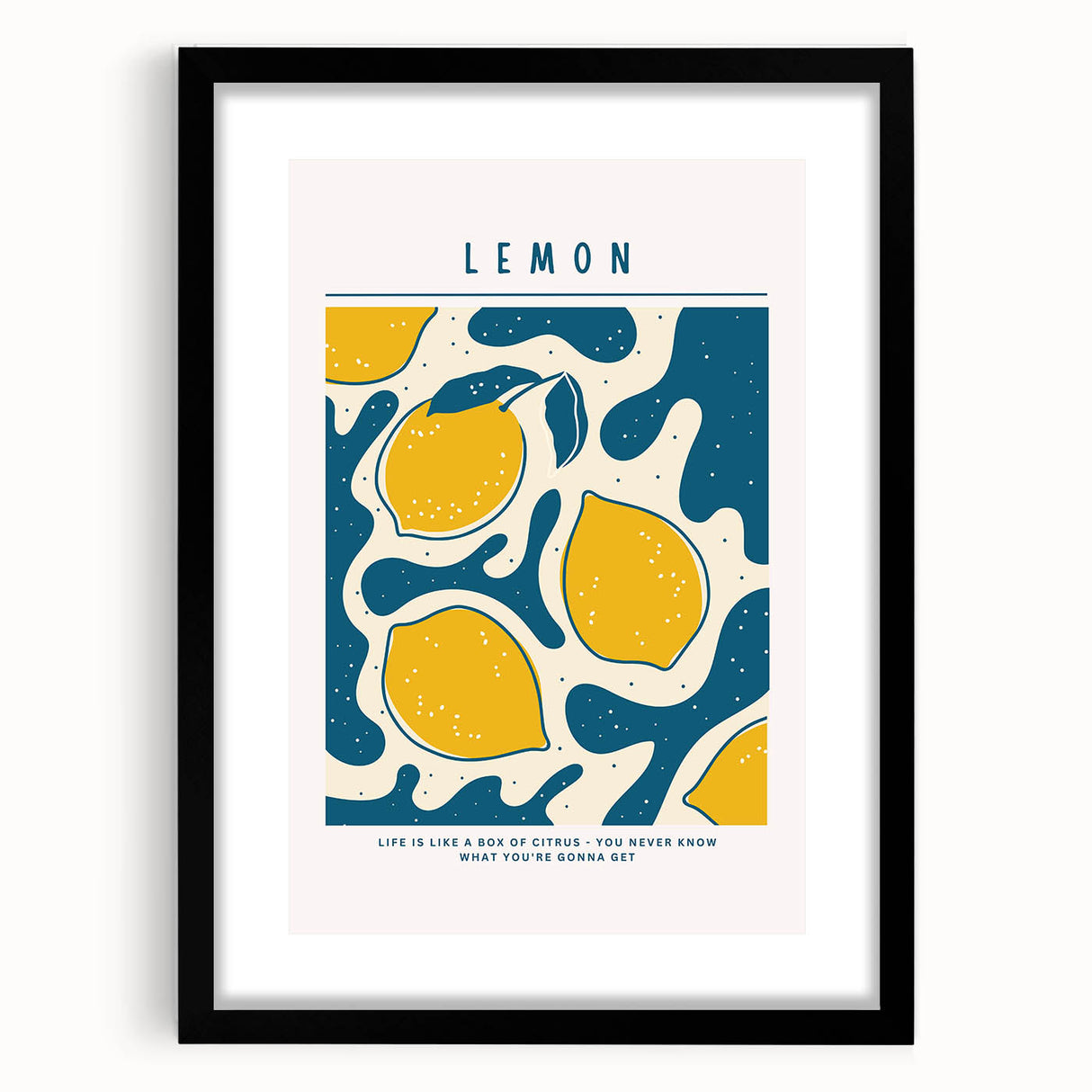 Extra large abstract art print featuring colorful, textured fruits on a black framed canvas, ideal for living room decor.