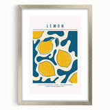 Textured art print featuring abstract fruit designs in muted colors on a framed silver mat, suitable for bedroom decor.