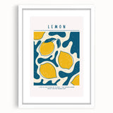 Abstract art print featuring assorted fruits in vibrant colors on a white framed canvas, ideal for dining room decor.