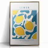 Large art print of colorful fruits in a mid-century modernist style, framed in gold acrylic, ideal for nursery wall decor.