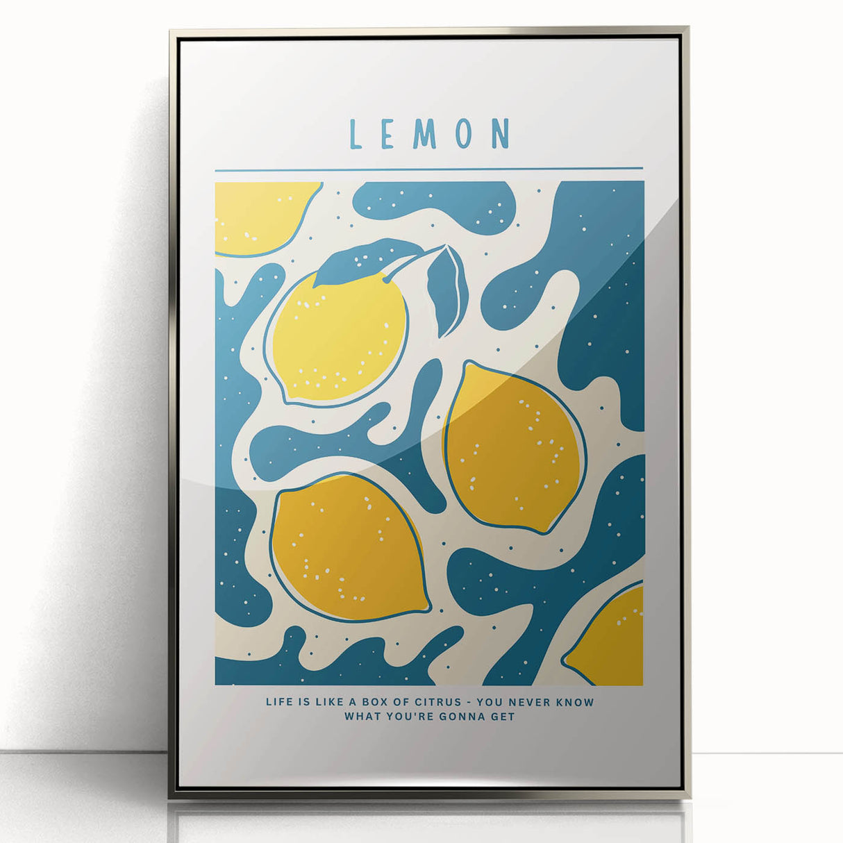 Mid-century modernist art featuring a variety of colorful fruits on a framed acrylic print, suitable for nursery wall art.