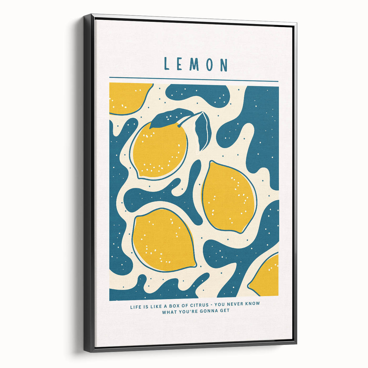 Black and white framed canvas featuring a vintage poster of assorted fruits, ideal for bedroom wall decor.