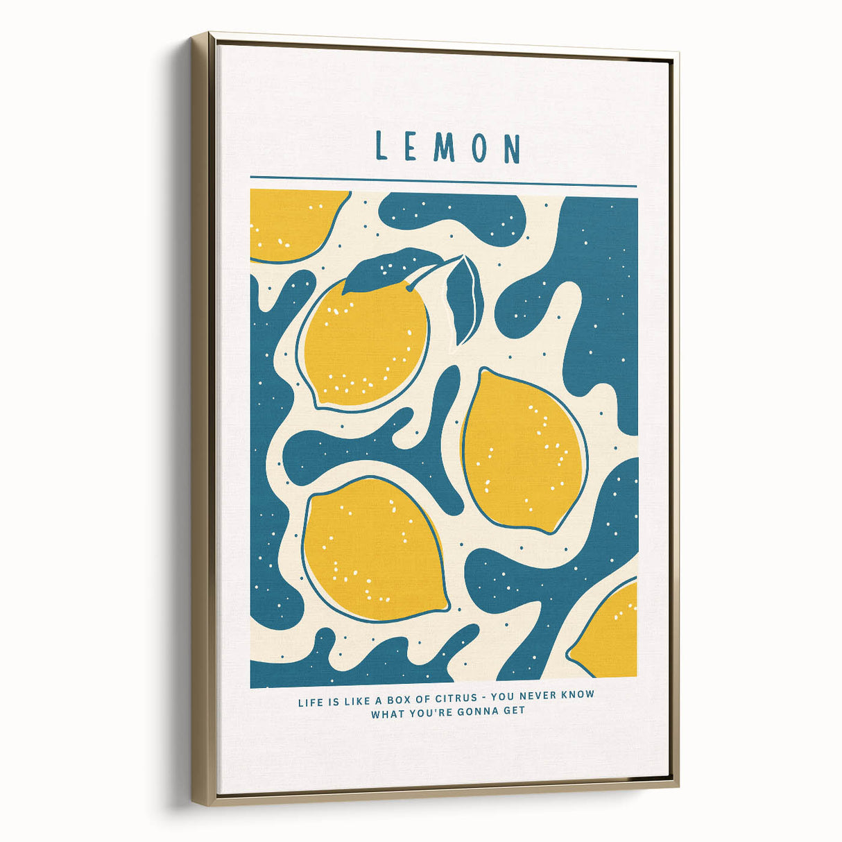 Framed canvas wall art featuring a vintage poster art of assorted fruits in muted gold and black tones.