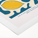 Art deco poster featuring assorted fruits in bold colors on rolled canvas, suitable for dining room wall art.