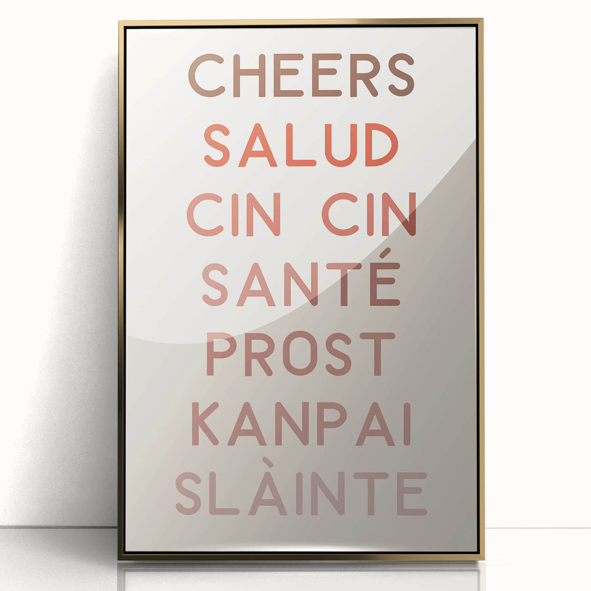 Large art print of a mid-century modernist food-inspired design in gold and white tones, framed acrylic.