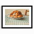 Extra large abstract art print of colorful, textured pastries on a black framed mat, ideal for living room decor.