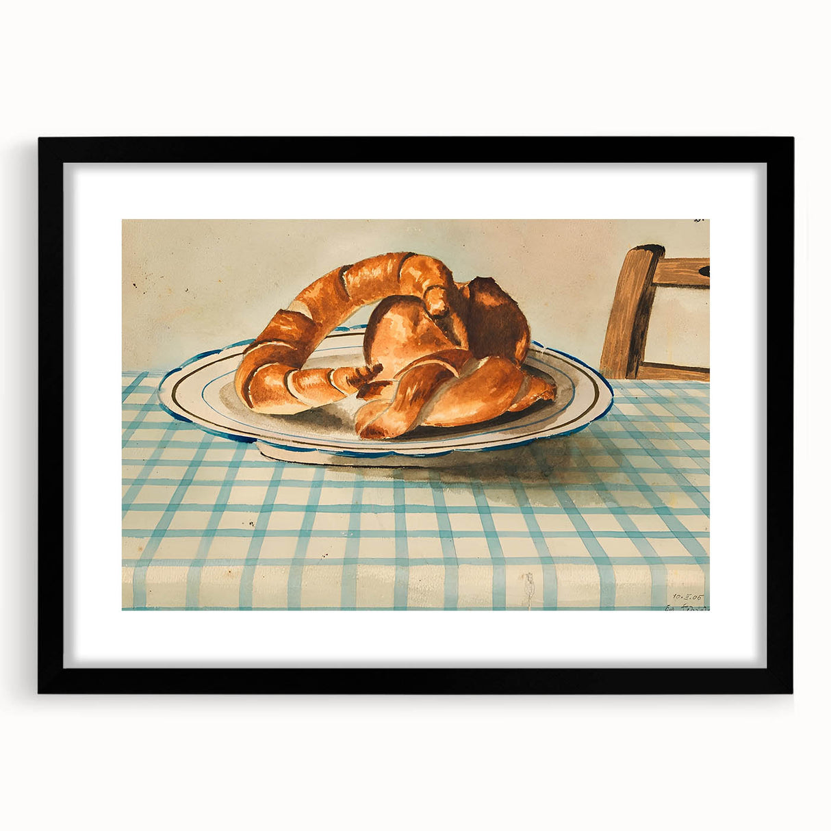 Extra large abstract art print of colorful, textured pastries on a black framed mat, ideal for living room decor.