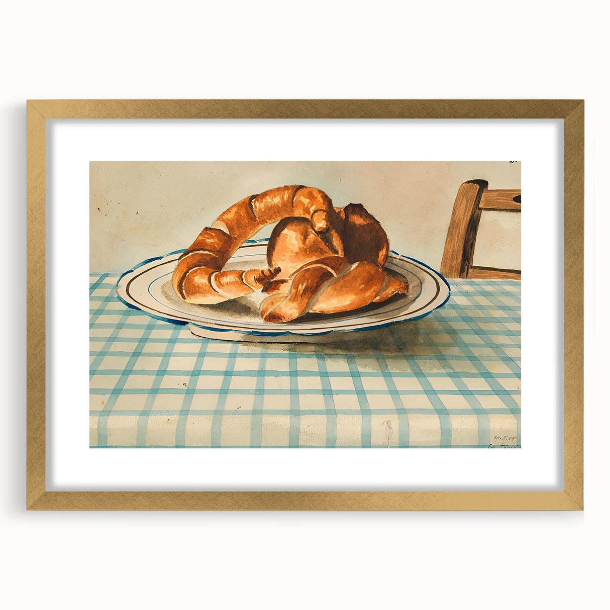 Extra large abstract art print of pastries in a gold frame, featuring textured details and muted colors.