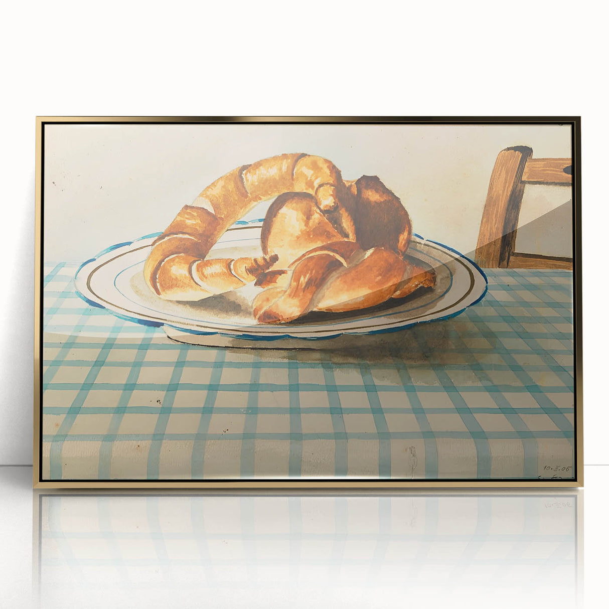 Large art print of assorted pastries in a mid-century modernist style, framed in gold acrylic.