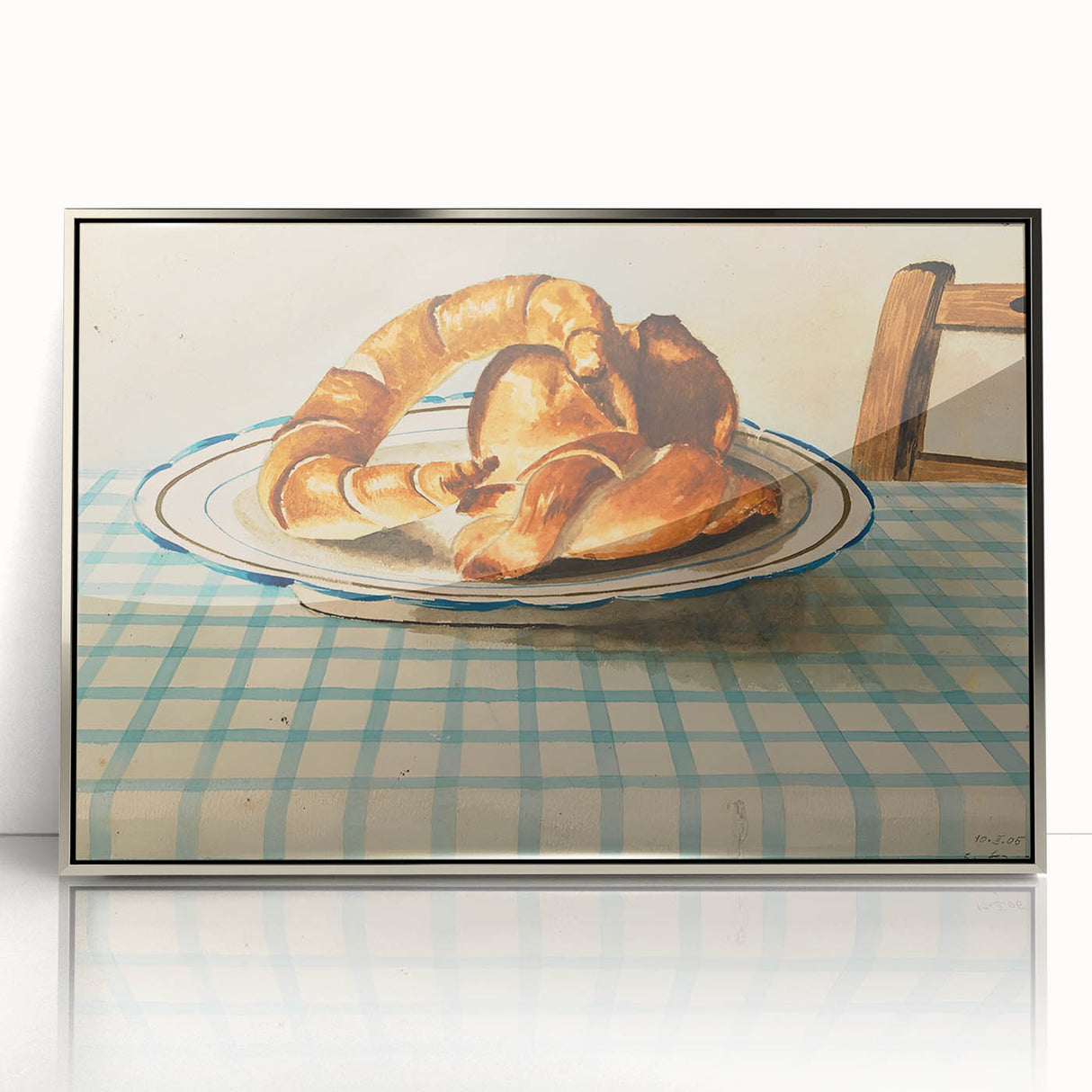 Mid-century modernist art depicting assorted pastries in muted colors, framed in silver acrylic.