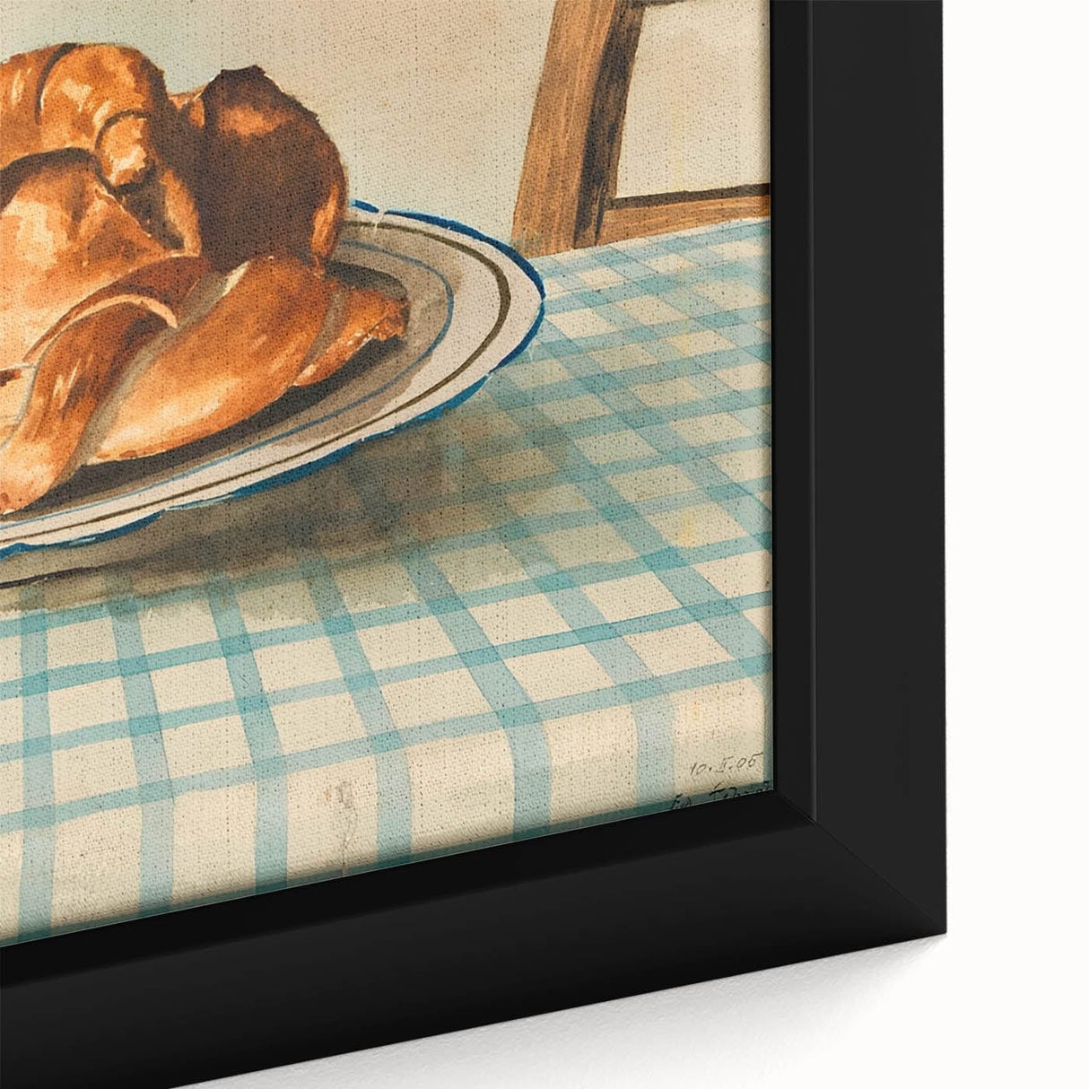 Close-up of a framed canvas featuring colorful pastries on a black background, suitable for extra large living room wall art.