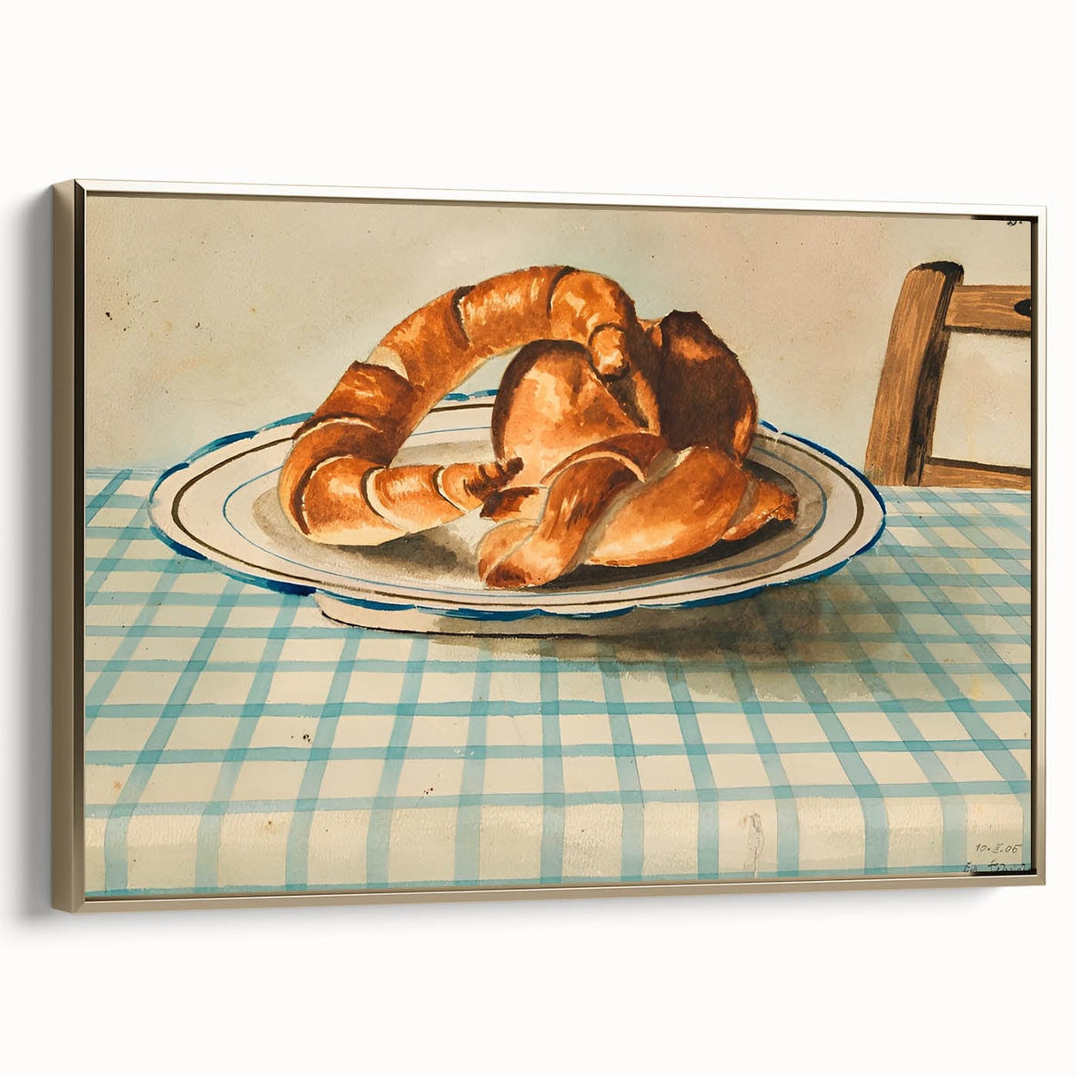 Framed canvas featuring vintage poster art of pastries, with a gold frame, ideal for bedroom wall decor.