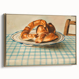 Framed canvas featuring vintage poster art of pastries, with a gold frame, ideal for bedroom wall decor.