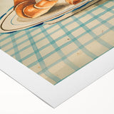 Art deco poster featuring assorted pastries in soft brown and beige hues on a rolled canvas, suitable for dining room decor.