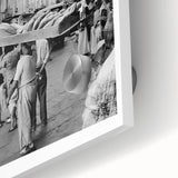 Large abstract wall art on acrylic glass depicting mid-century modernist food and people, in vibrant colors.