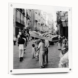 Large abstract wall art on acrylic glass depicting colorful figures dining, suitable for bedroom or dining room decor.