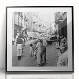 Large abstract wall art featuring a mid-century modernist style with vibrant colors on a framed acrylic print.