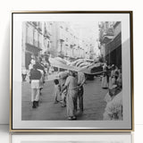 Large acrylic print featuring a mid-century modernist design of people dining, in muted gold tones.