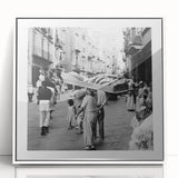 Art deco poster featuring a stylized food and people scene in pastel shades, framed acrylic, ideal for nursery wall art.