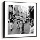 Black and white vintage poster art of a landscape on framed canvas, ideal for bedroom wall decor.